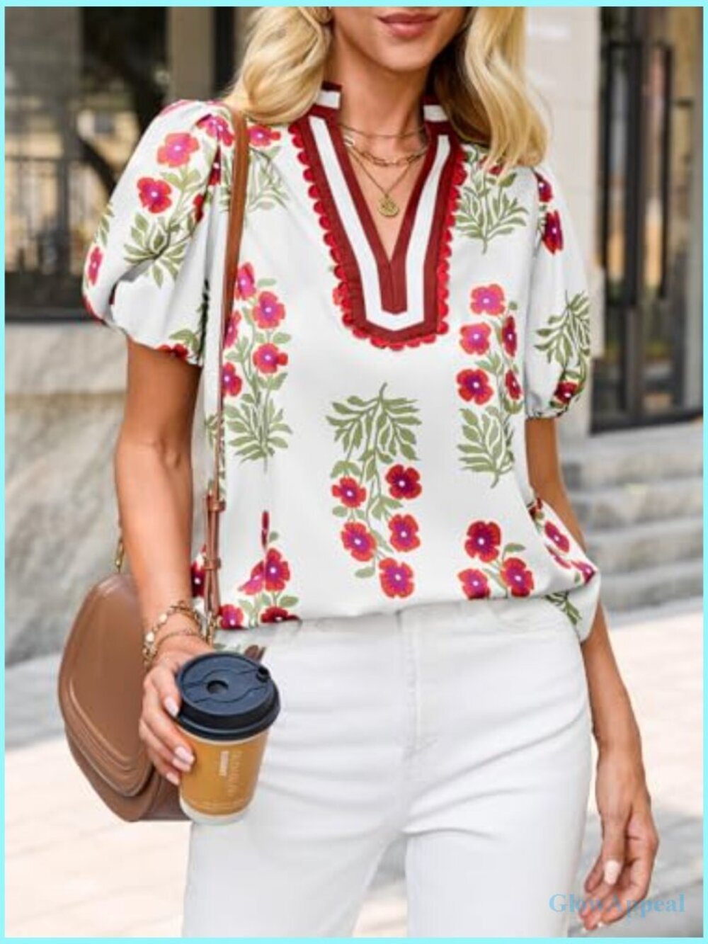 Floral Puff Sleeve V-Neck Blouse Boho Summer Top Dressy Casual Loose Fit - Picture 2 of 7